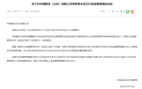未能有效执行合规管理 华源期货被责令改正
